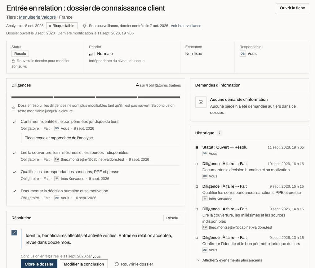 Écran de l’application : Dossiers, un dossier résolu. Données de démonstration.